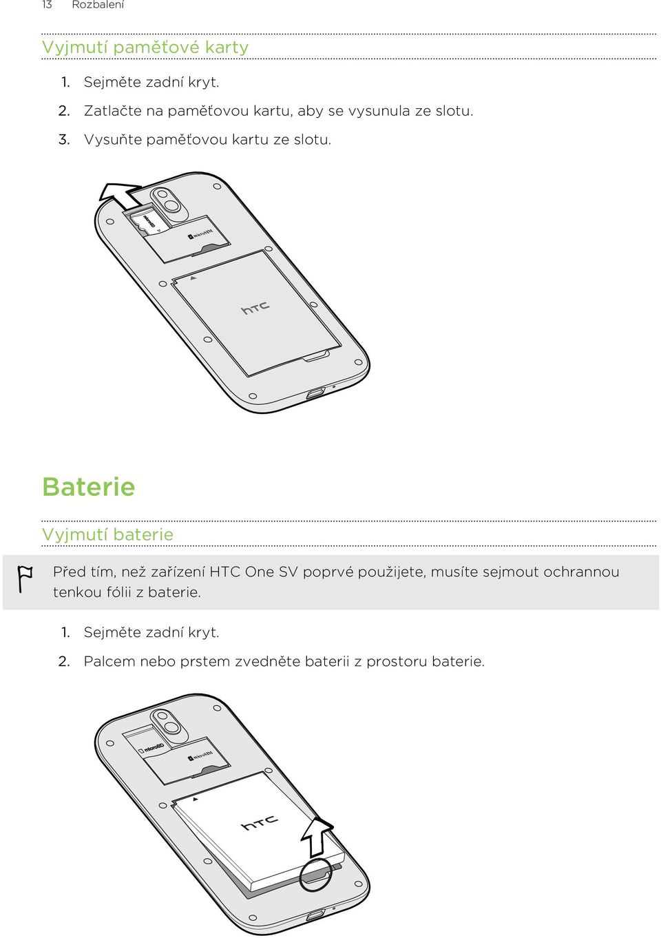 microsim Baterie Vyjmutí baterie Před tím, než zařízení HTC One SV poprvé použijete, musíte