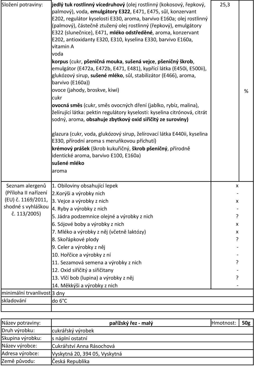 barvivo E160a, vitamin A korpus (, pšeničná mouka, sušená vejce, pšeničný škrob, emulgátor (E472a, E472b, E471, E481), kypřící látka (E450i, E500ii), glukózový sirup, sušené mléko, sůl, stabilizátor