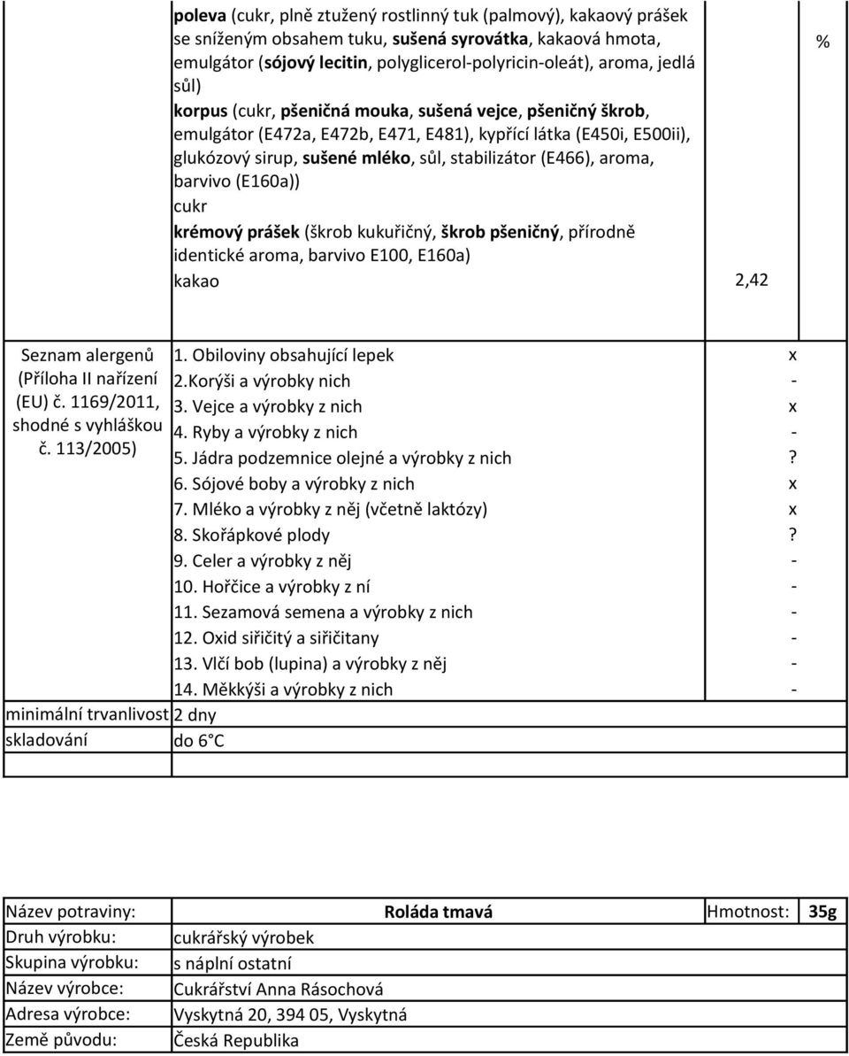 E500ii), glukózový sirup, sušené mléko, sůl, stabilizátor (E466), aroma, barvivo (E160a)) krémový prášek (škrob kukuřičný, škrob pšeničný, přírodně identické aroma,