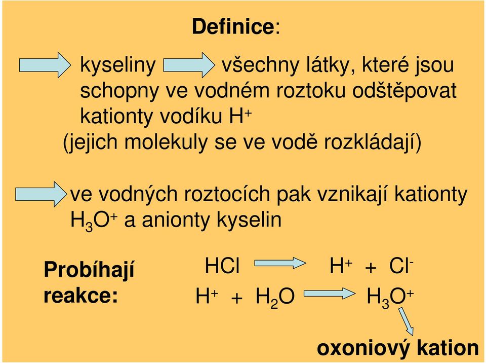 rozkládají) ve vodných roztocích pak vznikají kationty H 3 O + a