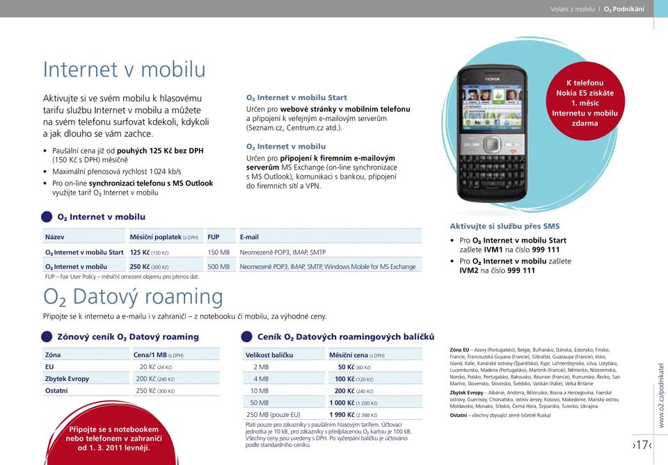 Internet v mobilu Start Určen pro webové stránky v mobilním telefonu a připojení k veřejným e-mailovým serverům (Seznam.cz, Centrum.cz atd.).