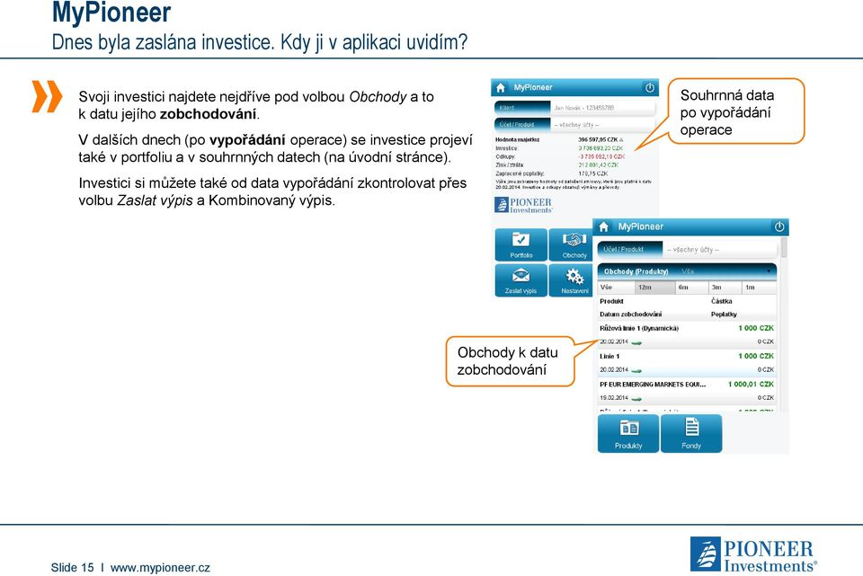 V dalších dnech (po vypořádání operace) se investice projeví také v portfoliu a v souhrnných datech (na úvodní
