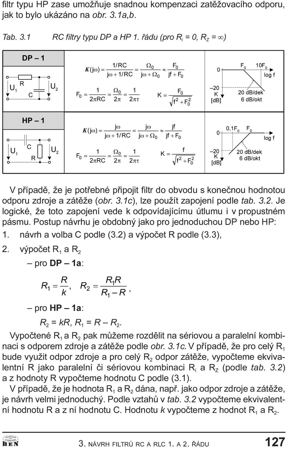 logické, že toto zapojení vede k odpovídajícímu útlumu i v propustném pásmu Postup návrhu je obdobný jako pro jednoduchou DP nebo HP: 1 návrh a volba C podle (32 a výpoèet R podle (33, 2 výpoèet R 1