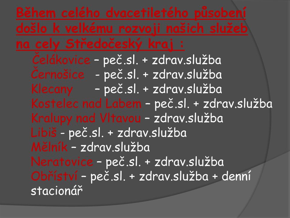 sl. + zdrav.sluţba Kralupy nad Vltavou zdrav.sluţba Libiš - peč.sl. + zdrav.sluţba Mělník zdrav.