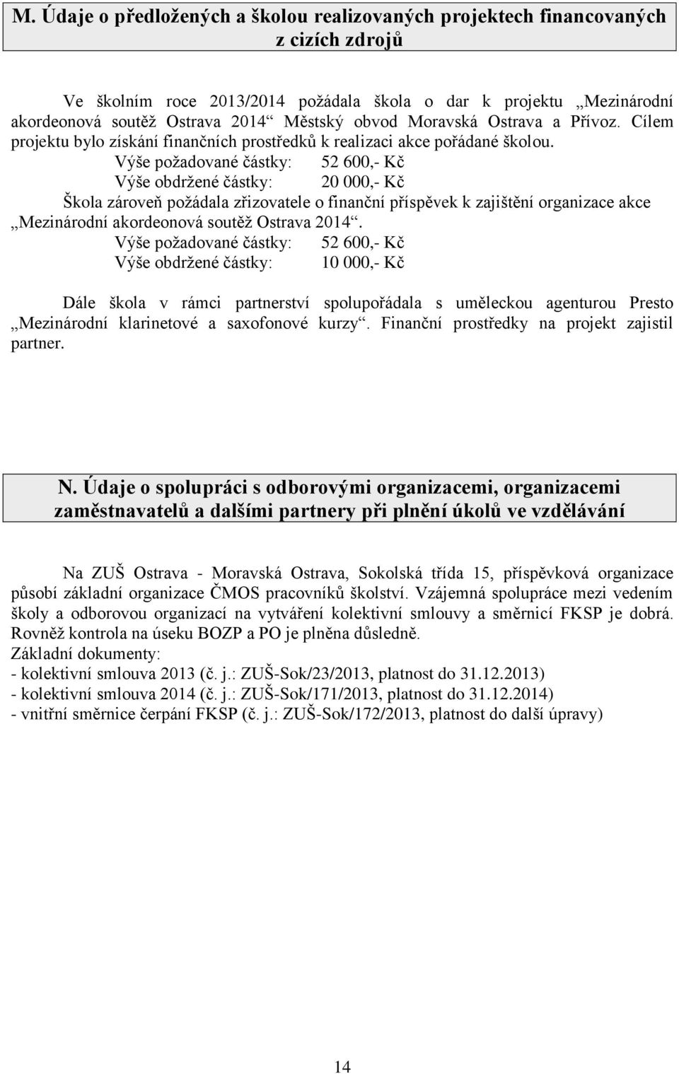 Výše požadované částky: 52 600,- Kč Výše obdržené částky: 20 000,- Kč Škola zároveň požádala zřizovatele o finanční příspěvek k zajištění organizace akce Mezinárodní akordeonová soutěž Ostrava 2014.