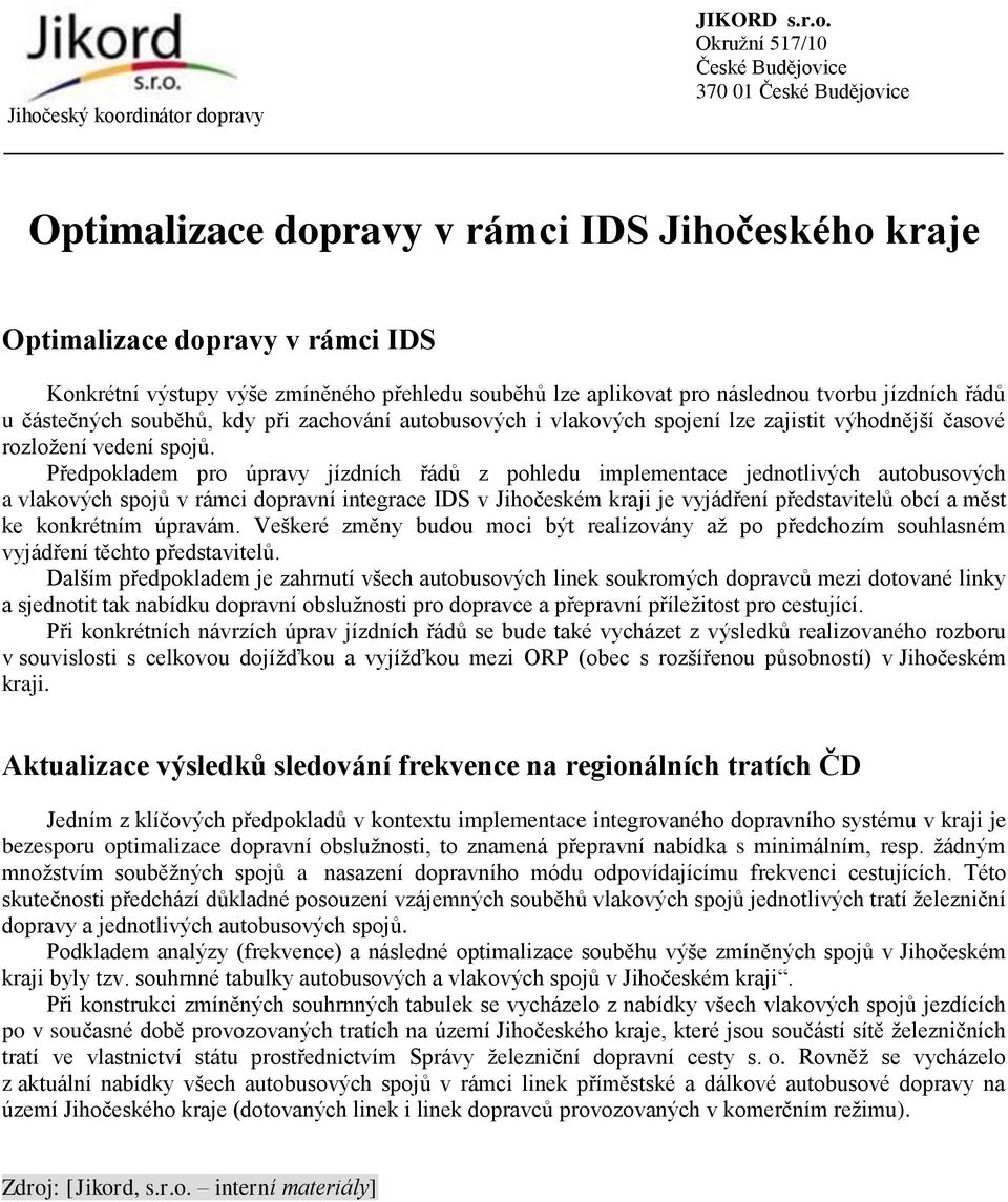 Předpokladem pro úpravy jízdních řádů z pohledu implementace jednotlivých autobusových a vlakových spojů v rámci dopravní integrace IDS v Jihočeském kraji je vyjádření představitelů obcí a měst ke