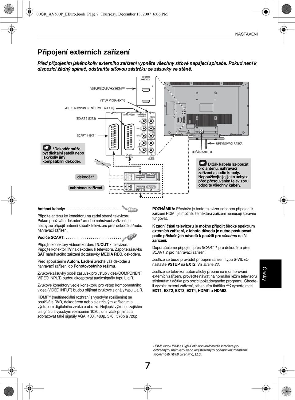 VSTUPNÍ ZÁSUVKY HDMI VSTUP VIDEA (EXT4) VSTUP KMPNENTNÍH VIDEA (EXT3) SCART 2 (EXT2) SCART 1 (EXT1) *Dekodér může ýt digitální stelit neo jkýkoliv jiný komptiilní dekodér.