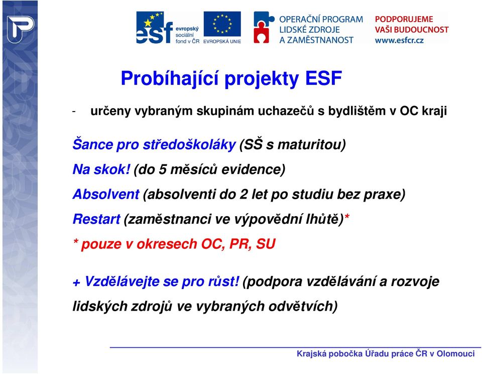 (do 5 měsíců evidence) Absolvent (absolventi do 2 let po studiu bez praxe) Restart