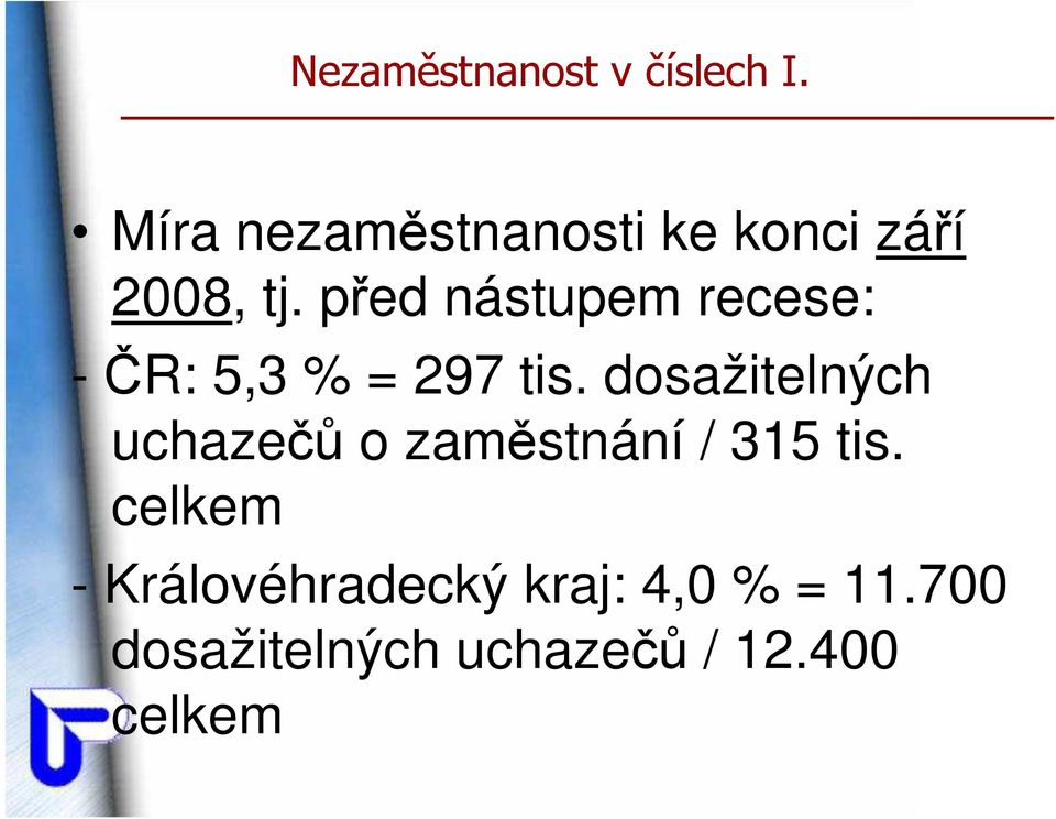 před nástupem recese: -ČR: 5,3 % = 297 tis.