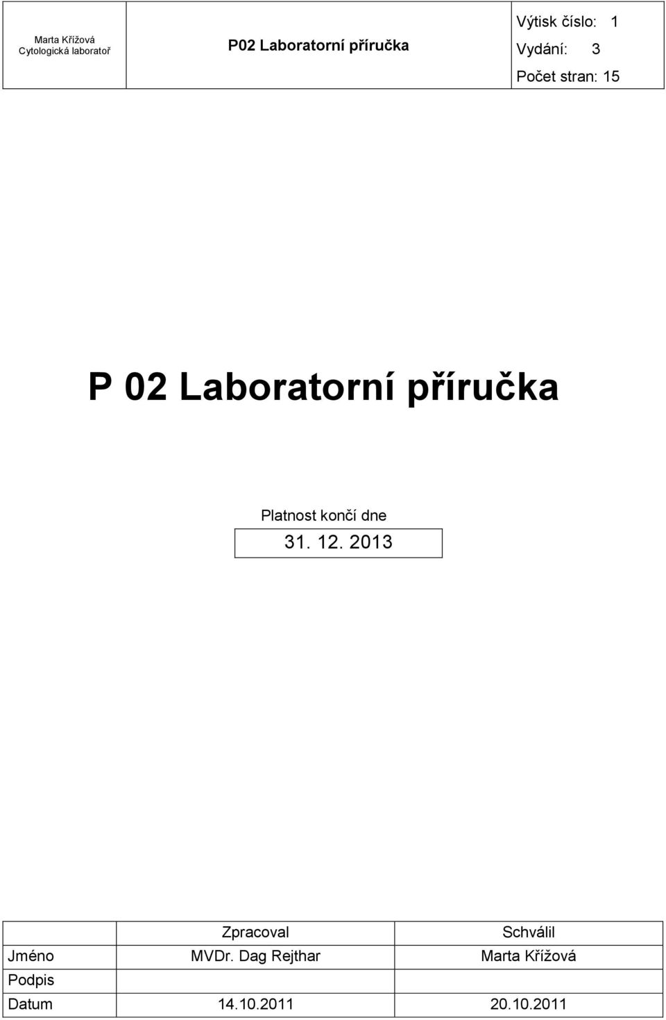 končí dne 31. 12. 2013 Zpracoval Schválil Jméno MVDr.