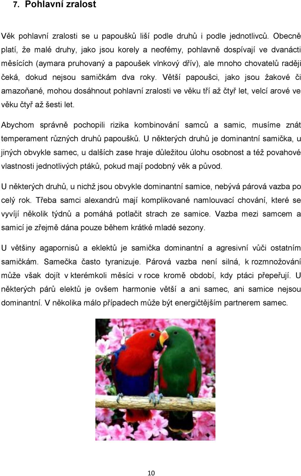 roky. Větší papoušci, jako jsou žakové či amazoňané, mohou dosáhnout pohlavní zralosti ve věku tří až čtyř let, velcí arové ve věku čtyř až šesti let.