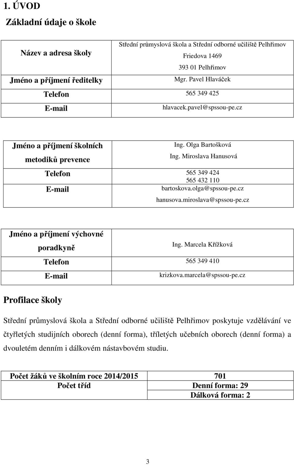 Miroslava Hanusová Telefon 565 349 424 565 432 110 bartoskova.olga@spssou-pe.cz E-mail hanusova.miroslava@spssou-pe.cz Jméno a příjmení výchovné poradkyně Ing.