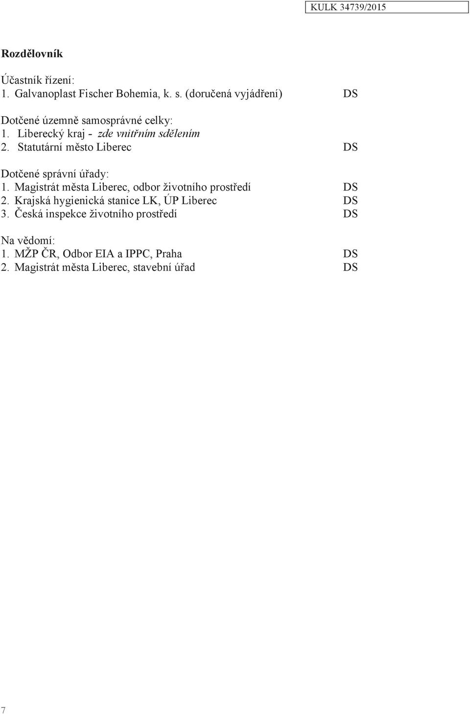 Statutární město Liberec DS Dotčené správní úřady: 1. Magistrát města Liberec, odbor životního prostředí DS 2.