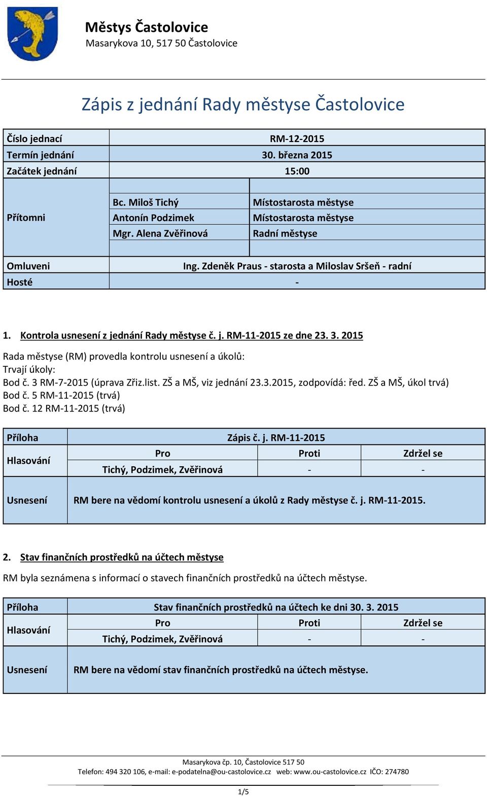 3. 2015 Rada městyse (RM) provedla kontrolu usnesení a úkolů: Trvají úkoly: Bod č. 3 RM-7-2015 (úprava Zřiz.list. ZŠ a MŠ, viz jednání 23.3.2015, zodpovídá: řed. ZŠ a MŠ, úkol trvá) Bod č.