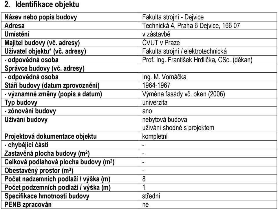 M. Vomáčka Stáří budovy (datum zprovoznění) 1964-1967 - významné změny (popis a datum) Výměna fasády vč.