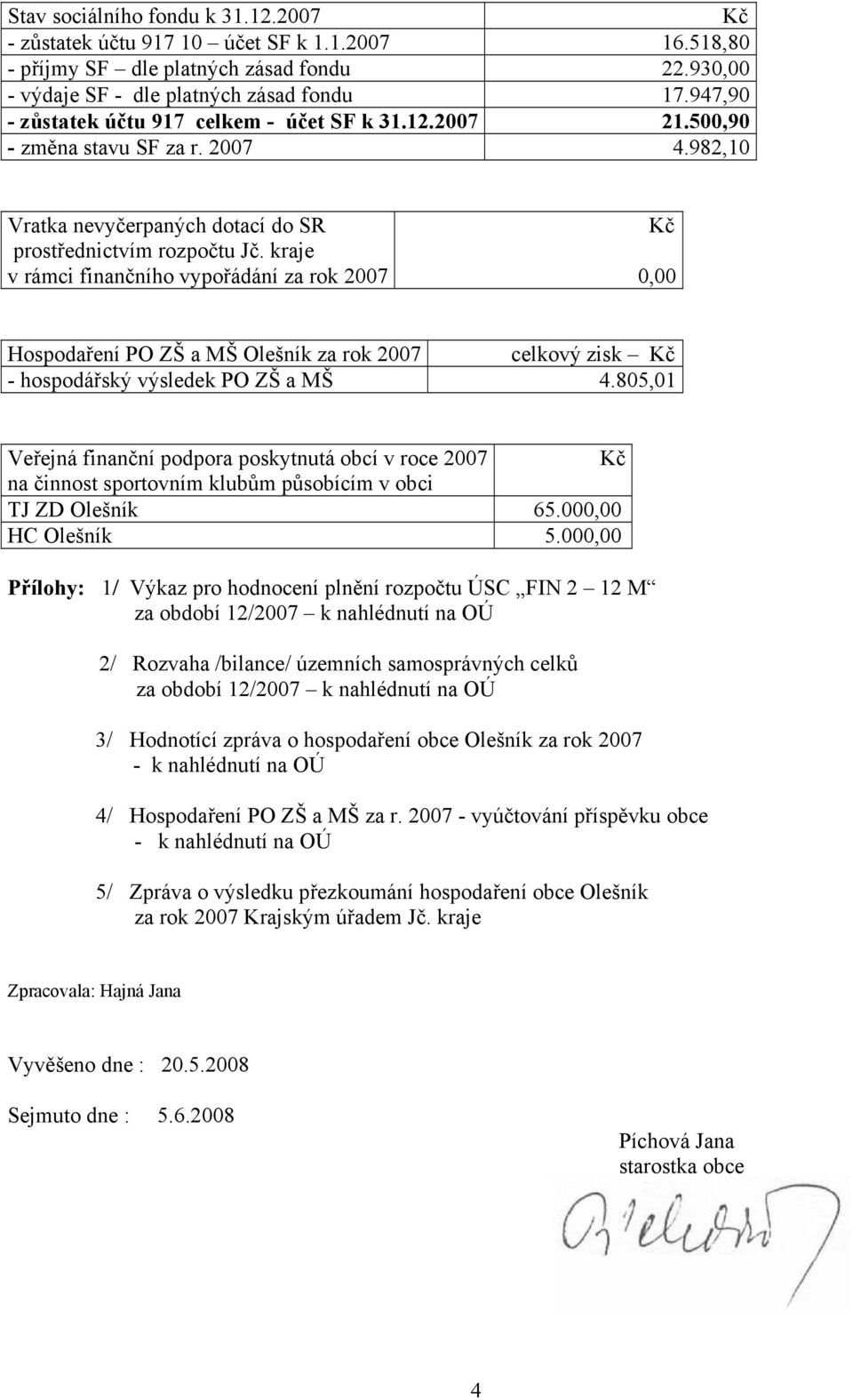 kraje v rámci finančního vypořádání za rok 2007 Kč 0,00 Hospodaření PO ZŠ a MŠ Olešník za rok 2007 celkový zisk Kč - hospodářský výsledek PO ZŠ a MŠ 4.