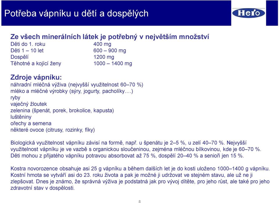 pacholíky.) ryby vaječný žloutek zelenina (špenát, porek, brokolice, kapusta) luštěniny ořechy a semena některé ovoce (citrusy, rozinky, fíky) Biologická využitelnost vápníku závisí na formě, např.