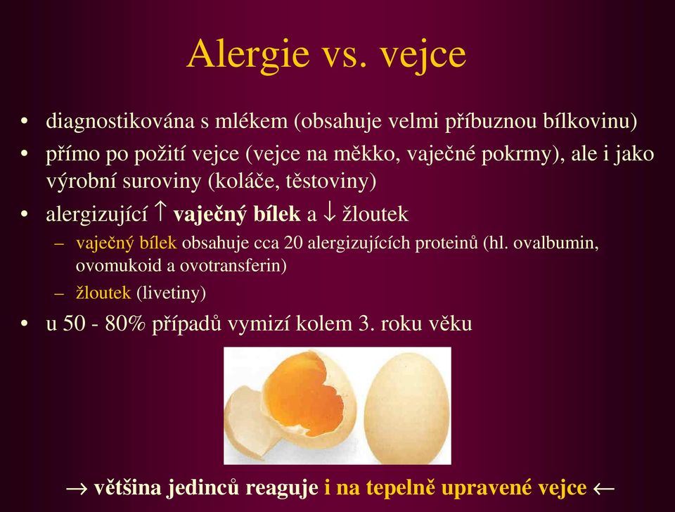 vaječné pokrmy), ale i jako výrobní suroviny (koláče, těstoviny) alergizující vaječný bílek a žloutek