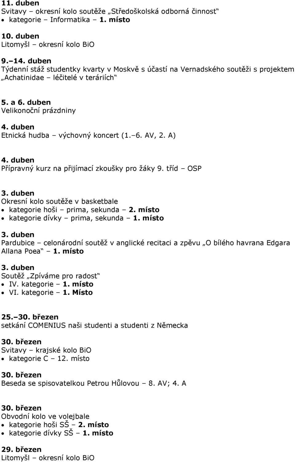 duben Etnická hudba výchovný koncert (1. 6. AV, 2. A) 4. duben Přípravný kurz na přijímací zkoušky pro žáky 9. tříd OSP 3. duben Okresní kolo soutěže v basketbale kategorie hoši prima, sekunda 2.