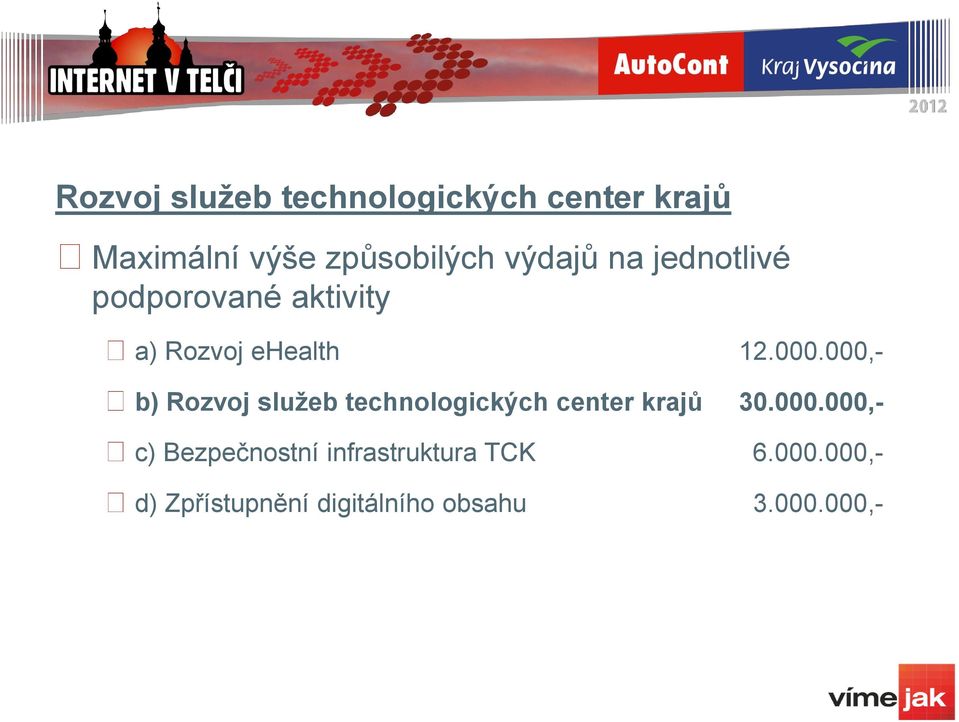 000,- b) Rozvoj služeb technologických center krajů 30.000.000,- c) Bezpečnostní infrastruktura TCK 6.