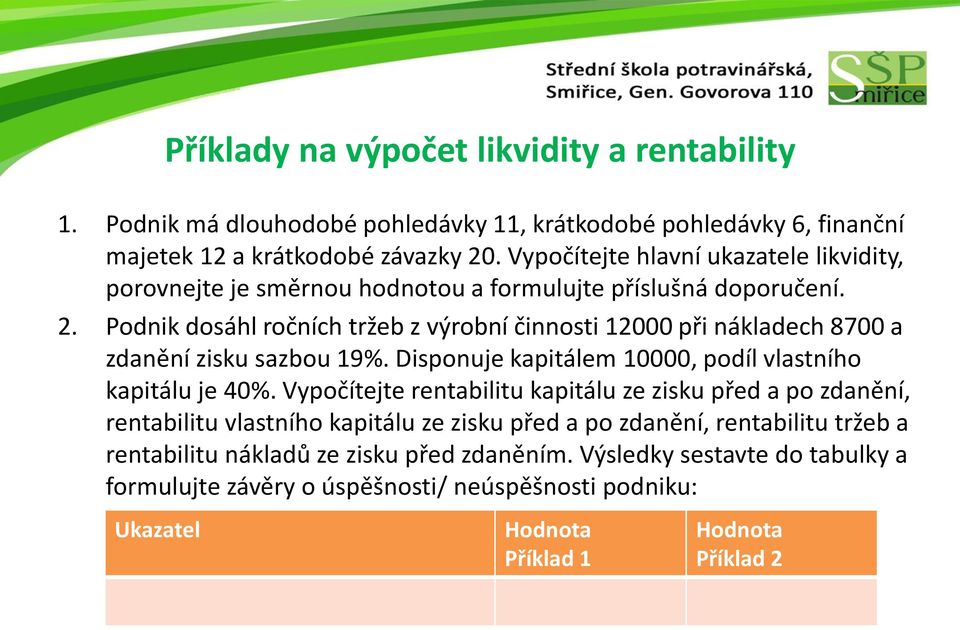 Podnik dosáhl ročních tržeb z výrobní činnosti 12000 při nákladech 8700 a zdanění zisku sazbou 19%. Disponuje kapitálem 10000, podíl vlastního kapitálu je 40%.