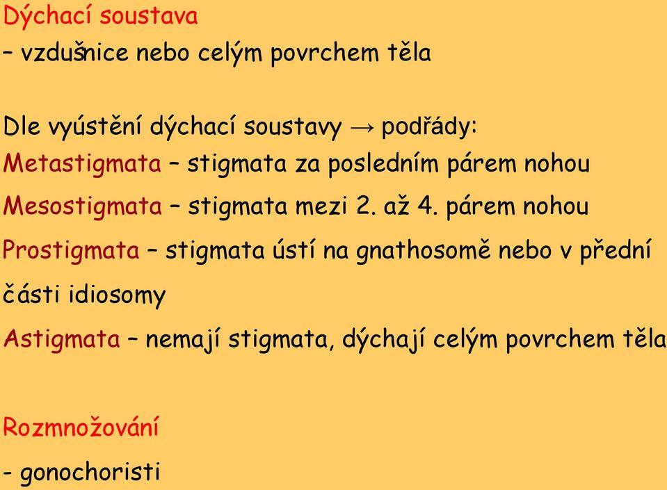 až 4. párem nohou Prostigmata stigmata ústí na gnathosomě nebo v přední části