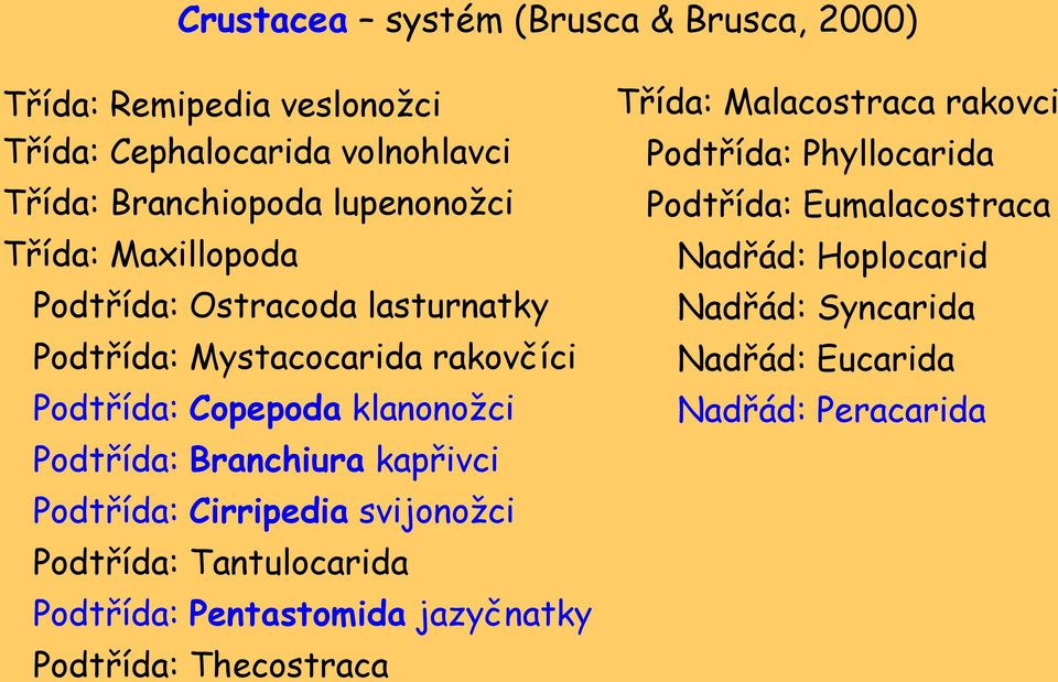 Branchiura kapřivci Podtřída: Cirripedia svijonožci Podtřída: Tantulocarida Podtřída: Pentastomida jazyčnatky Podtřída: Thecostraca