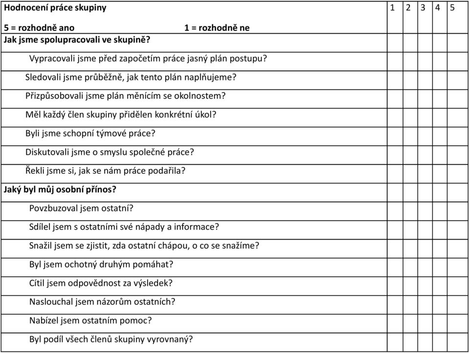 Diskutovali jsme o smyslu společné práce? Řekli jsme si, jak se nám práce podařila? Jaký byl můj osobní přínos? Povzbuzoval jsem ostatní? Sdílel jsem s ostatními své nápady a informace?