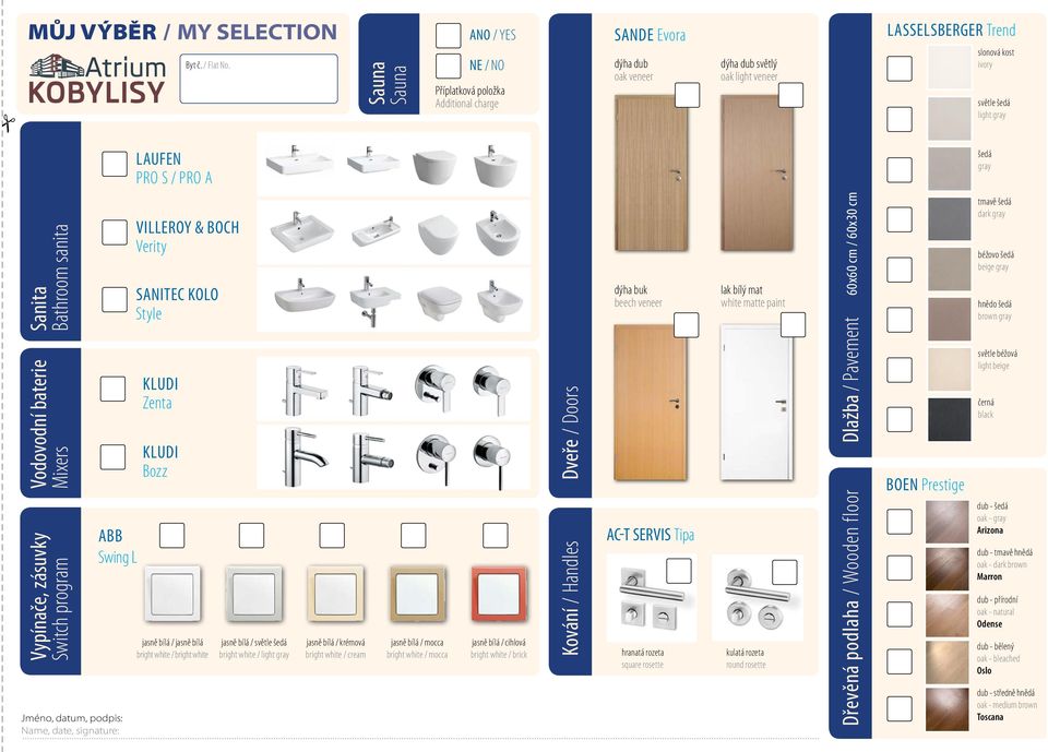 LAUFEN PRO S / PRO A šedá gray Sanita Bathroom sanita Vodovodní baterie Mixers Vypínače, zásuvky Switch program ABB Swing L Jméno, datum, podpis: Name, date, signature: VILLEROY & BOCH Verity SANITEC