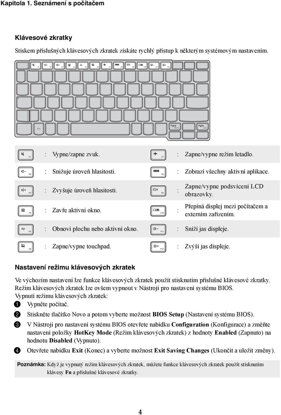 Přepíná displej mezi počítačem a externím zařízením. : Obnoví plochu nebo aktivní okno. : Sníží jas displeje. : Zapne/vypne touchpad. : Zvýší jas displeje.