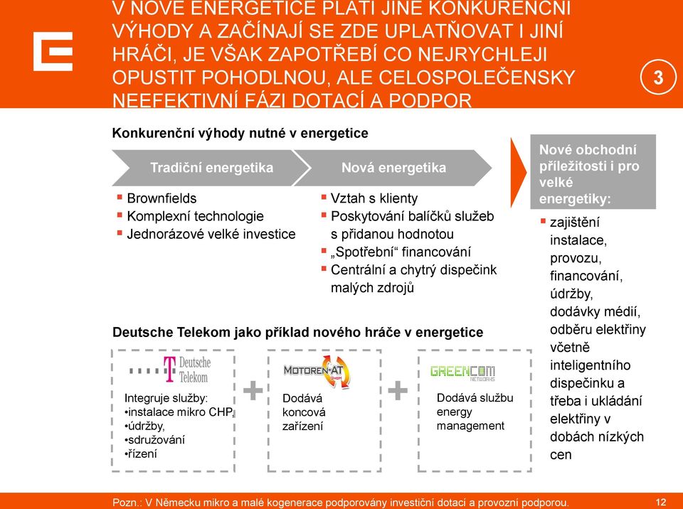 koncová zařízení Nová energetika Vztah s klienty Poskytování balíčků služeb s přidanou hodnotou Spotřební financování Centrální a chytrý dispečink malých zdrojů Deutsche Telekom jako příklad nového