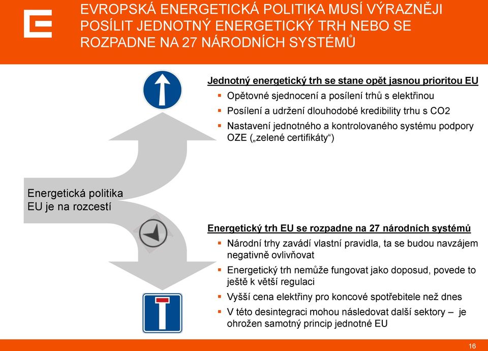 politika EU je na rozcestí Energetický trh EU se rozpadne na 27 národních systémů Národní trhy zavádí vlastní pravidla, ta se budou navzájem negativně ovlivňovat Energetický trh nemůže