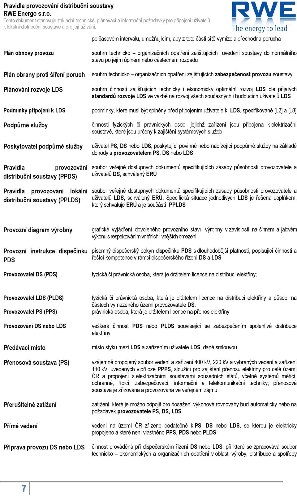 Poskytovatel podpůrné služby Pravidla provozování distribuční soustavy (PPDS) Pravidla provozování lokální distribuční soustavy (PPLDS) souhrn technicko organizačních opatření zajišťujících uvedení