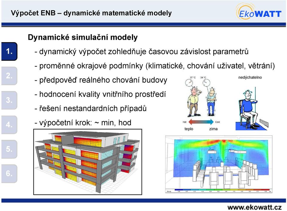 (klimatické, chování uživatel, větrání) - předpověď reálného chování budovy - hodnocení