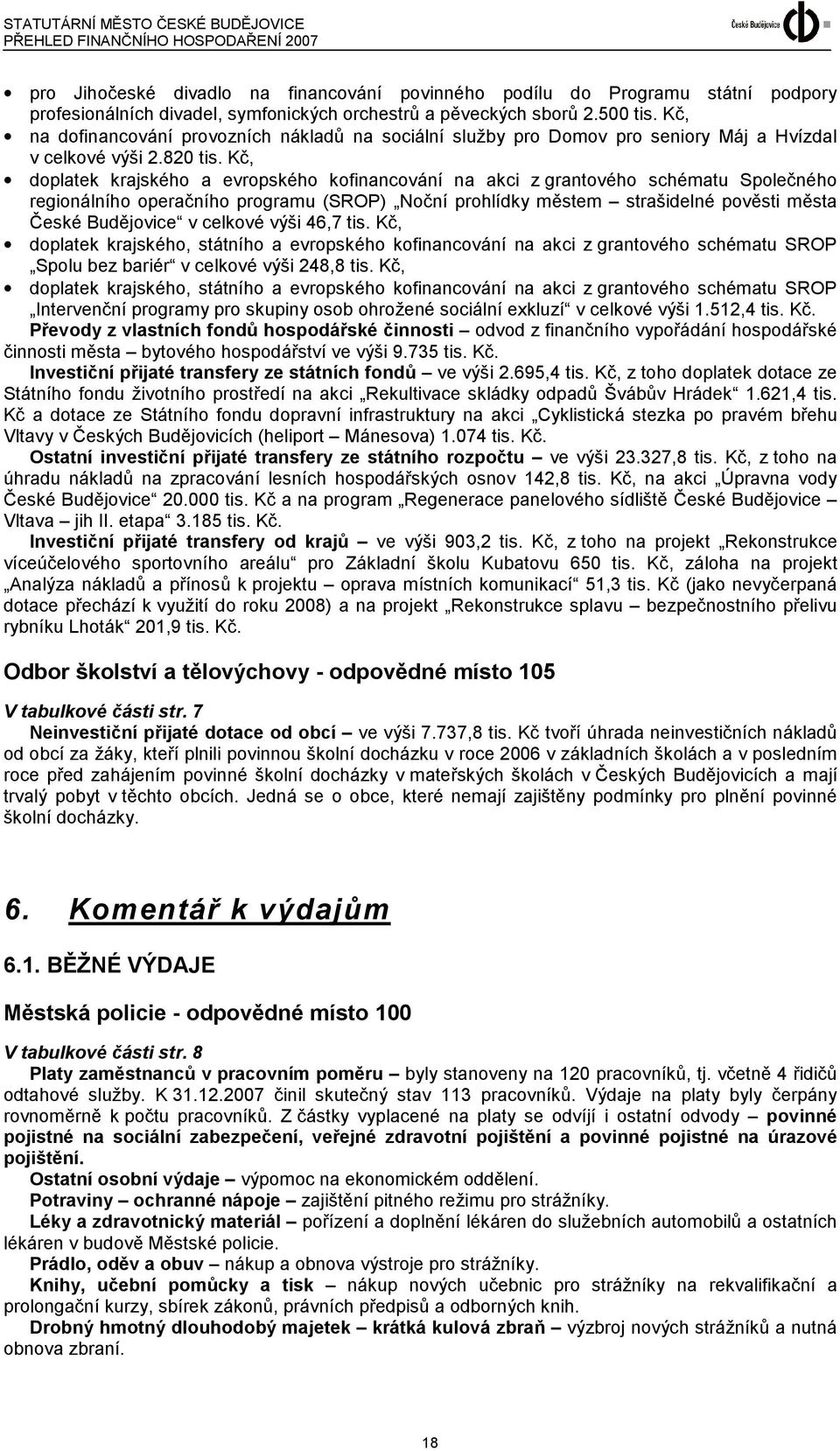 Kč, doplatek krajského a evropského kofinancování na akci z grantového schématu Společného regionálního operačního programu (SROP) Noční prohlídky městem strašidelné pověsti města České Budějovice v