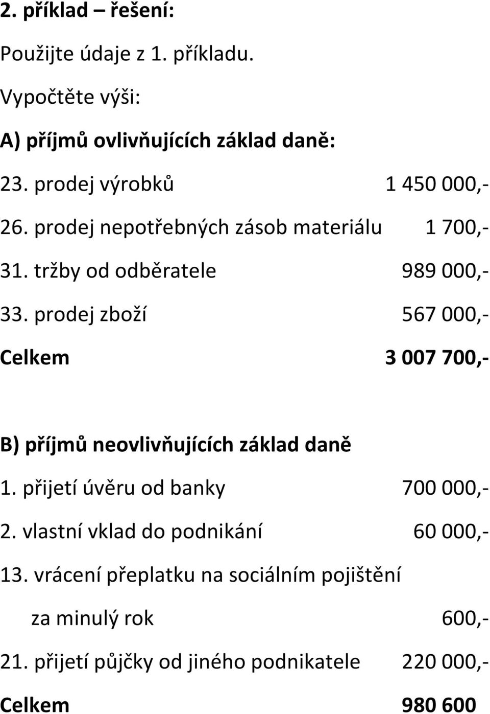 prodej zboží 567 000,- Celkem 3 007 700,- B) příjmů neovlivňujících základ daně 1. přijetí úvěru od banky 700 000,- 2.