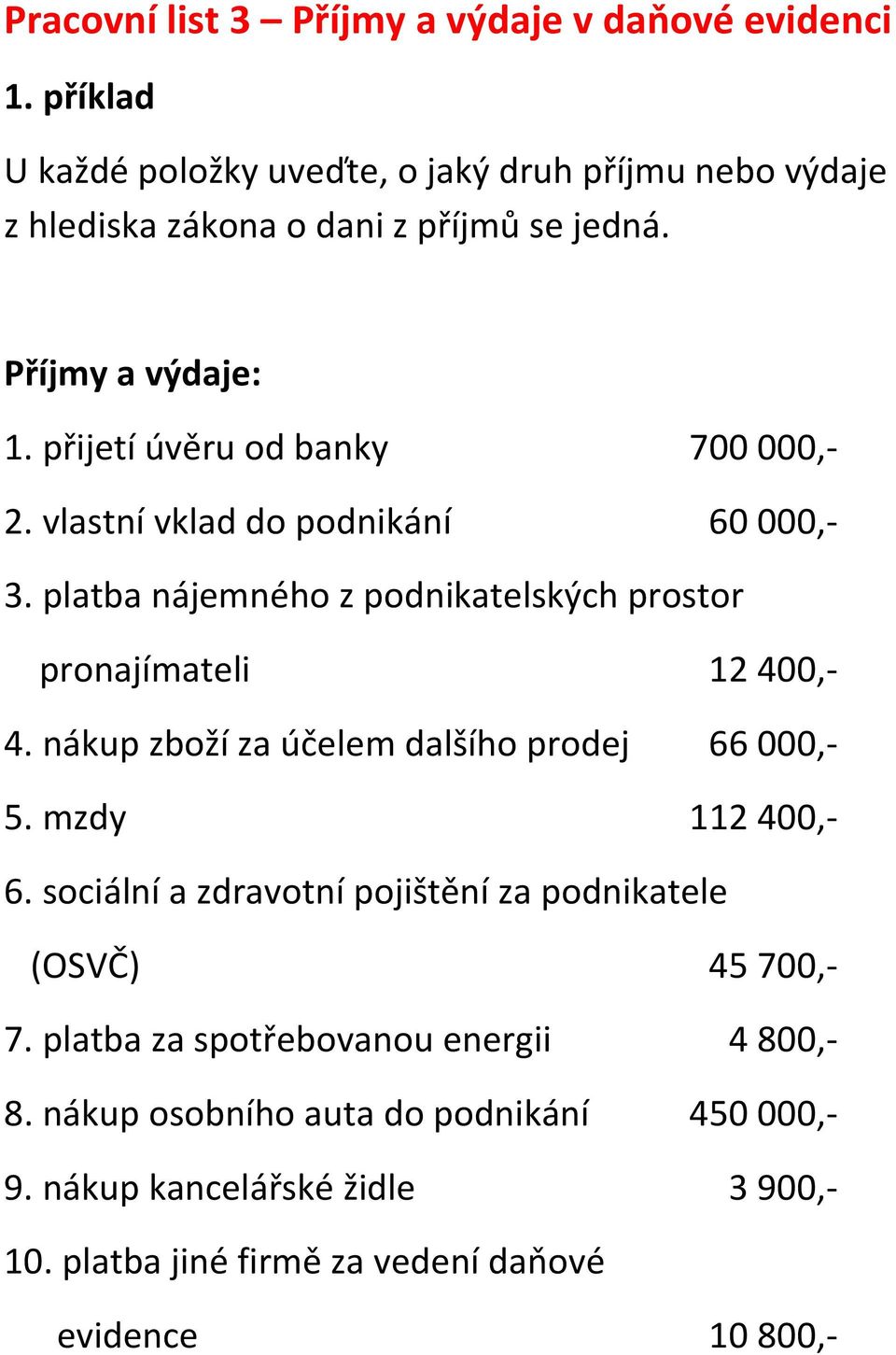 platba nájemného z podnikatelských prostor pronajímateli 12 400,- 4. nákup zboží za účelem dalšího prodej 66 000,- 5. mzdy 112 400,- 6.