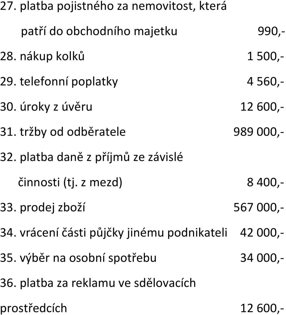 platba daně z příjmů ze závislé činnosti (tj. z mezd) 8 400,- 33. prodej zboží 567 000,- 34.