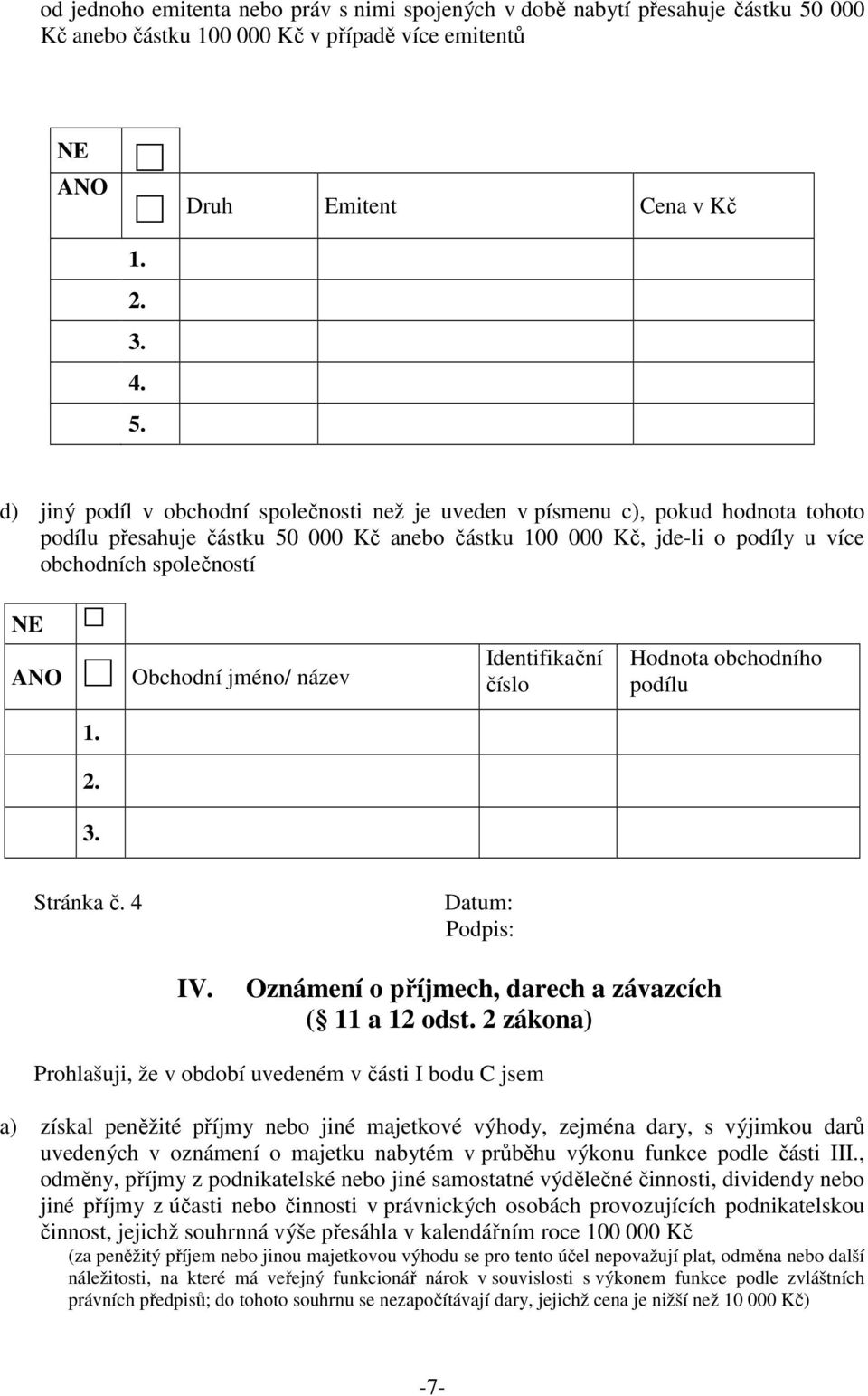 d) jiný podíl v obchodní společnosti než je uveden v písmenu c), pokud hodnota tohoto podílu přesahuje částku 50 000 Kč anebo částku 100 000 Kč, jde-li o podíly u více obchodních společností Obchodní