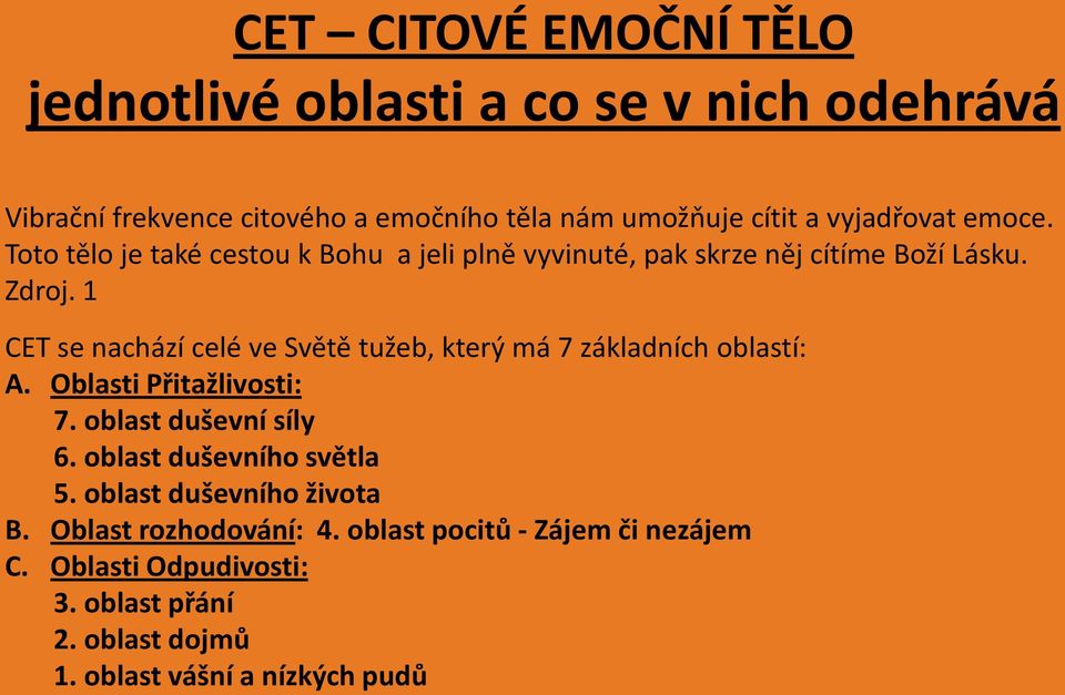 1 CET se nachází celé ve Světě tužeb, který má 7 základních oblastí: A. Oblasti Přitažlivosti: 7. oblast duševní síly 6.