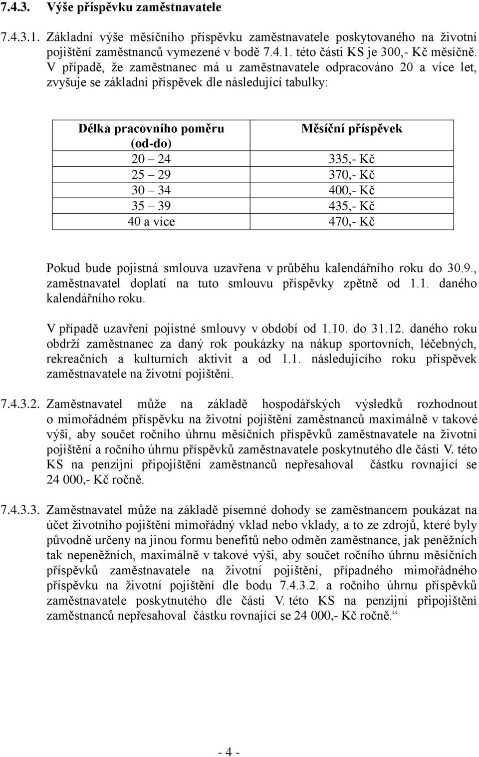 370,- Kč 30 34 400,- Kč 35 39 435,- Kč 40 a více 470,- Kč Pokud bude pojistná smlouva uzavřena v průběhu kalendářního roku do 30.9., zaměstnavatel doplatí na tuto smlouvu příspěvky zpětně od 1.