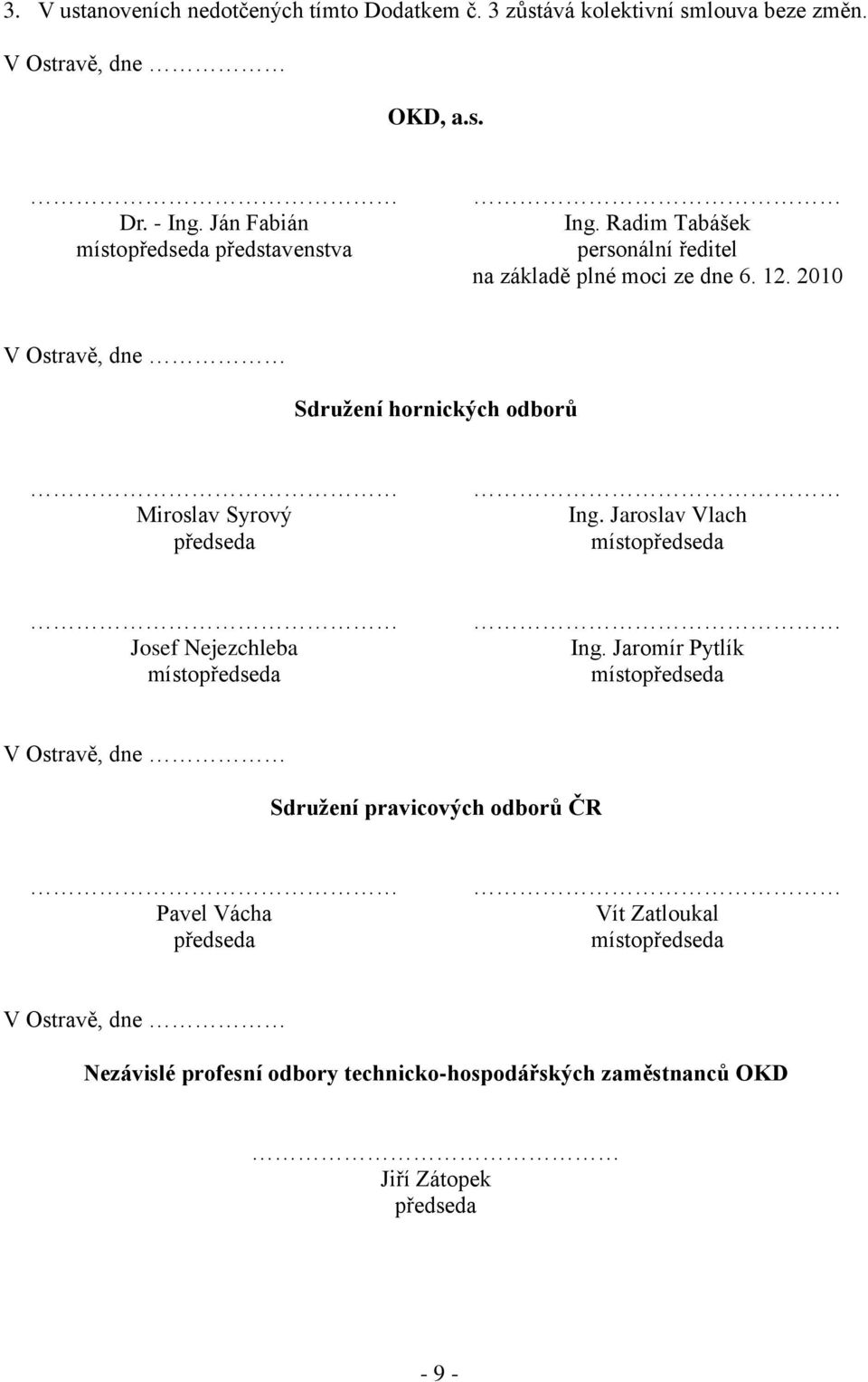 2010 V Ostravě, dne Sdružení hornických odborů Miroslav Syrový předseda Ing. Jaroslav Vlach místopředseda Josef Nejezchleba místopředseda Ing.