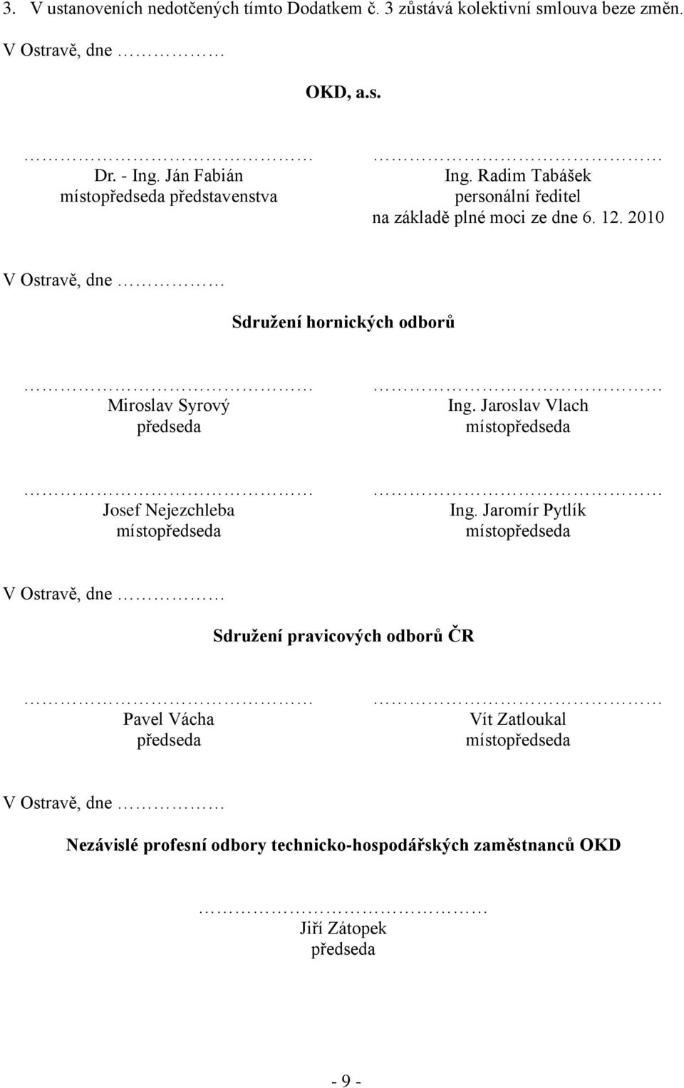 2010 V Ostravě, dne Sdružení hornických odborů Miroslav Syrový předseda Ing. Jaroslav Vlach místopředseda Josef Nejezchleba místopředseda Ing.