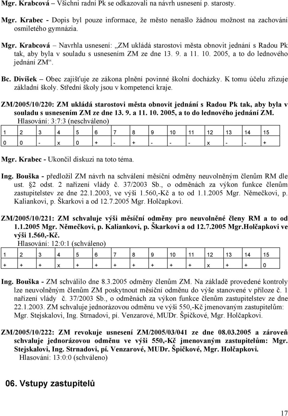 Krabcová Navrhla usnesení: ZM ukládá starostovi města obnovit jednání s Radou Pk tak, aby byla v souladu s usnesením ZM ze dne 13. 9. a 11. 10. 2005, a to do lednového jednání ZM. Bc.