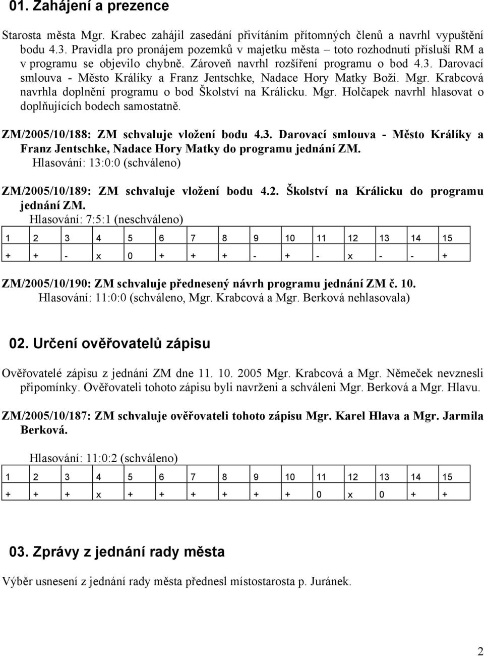 Darovací smlouva - Město Králíky a Franz Jentschke, Nadace Hory Matky Boží. Mgr. Krabcová navrhla doplnění programu o bod Školství na Králicku. Mgr. Holčapek navrhl hlasovat o doplňujících bodech samostatně.