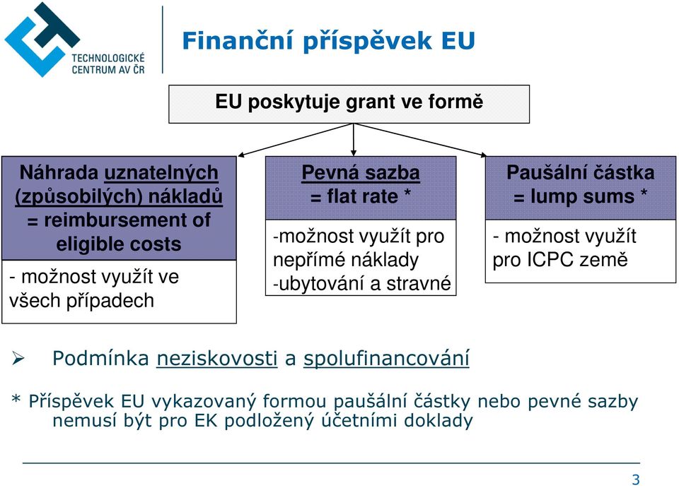 -ubytování a stravné Paušální částka = lump sums * - možnost využít pro ICPC země Podmínka neziskovosti a