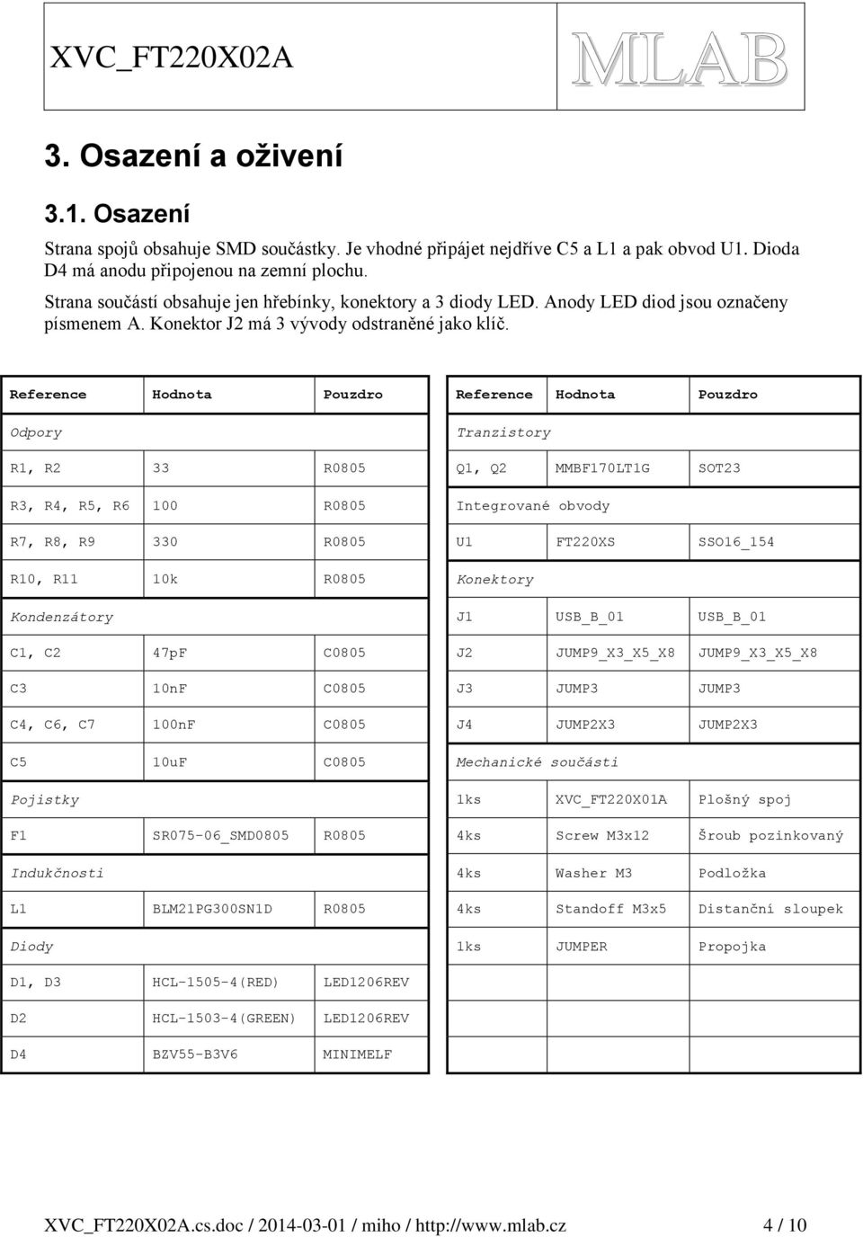 Reference Hodnota Pouzdro Reference Hodnota Pouzdro Odpory Tranzistory R1, R2 33 R0805 Q1, Q2 MMBF170LT1G SOT23 R3, R4, R5, R6 100 R0805 Integrované obvody R7, R8, R9 330 R0805 U1 FT220XS SSO16_154