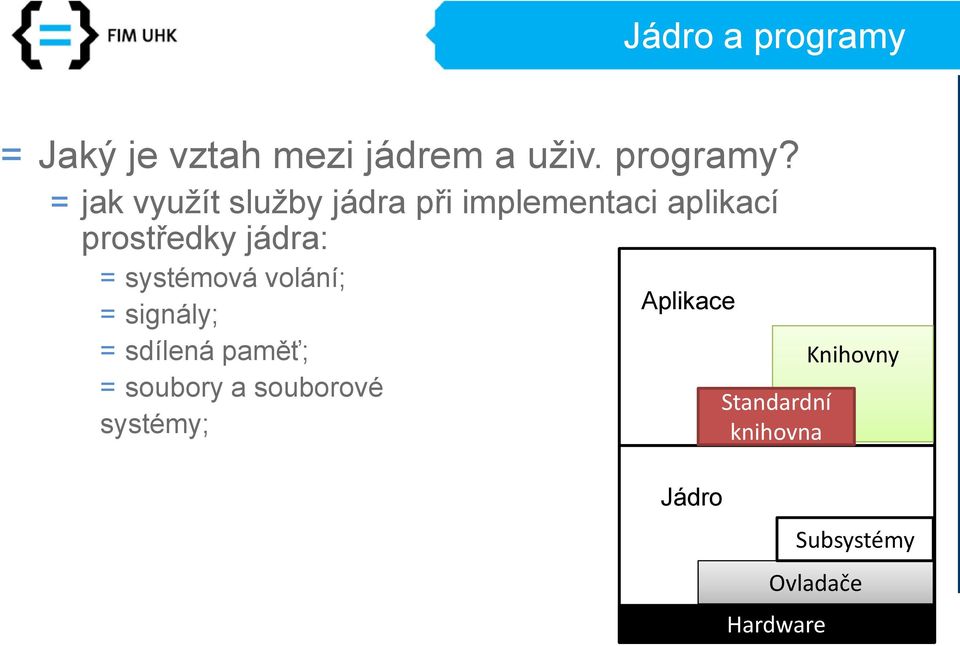 = jak využít služby jádra při implementaci aplikací prostředky jádra: