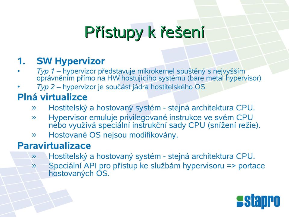 hypervizor je součást jádra hostitelského OS Plná virtualizce»»» Hostitelský a hostovaný systém - stejná architektura CPU.