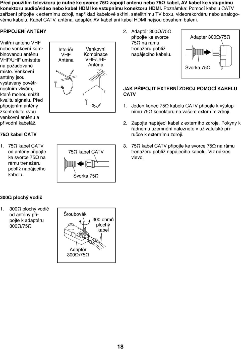 Kabel CATV, anténa, adaptér, AV kabel ani kabel HDMI nejsou obsahem balení. PŘIPOJENÍ ANTÉNY Vnitřní anténu VHF nebo venkovní kombinovanou anténu VHF/UHF umístěte na požadované místo.